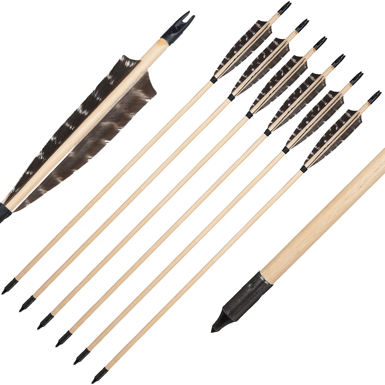 6 Pcs Archery Wooden Arrows 33 Inch Black Feather Wooden Shaft Traditional  Handc