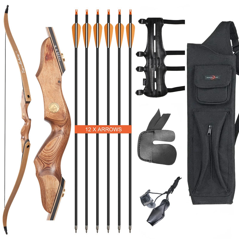 Archery 60" Takedown Recurve Bow and Arrow Set Wood Laminated Hunting Bow RH 30-50lbs