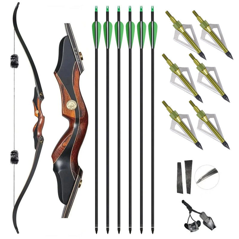 Archery 60" Recurve Hunting Bow Arrow with Hunting Broadheads Set