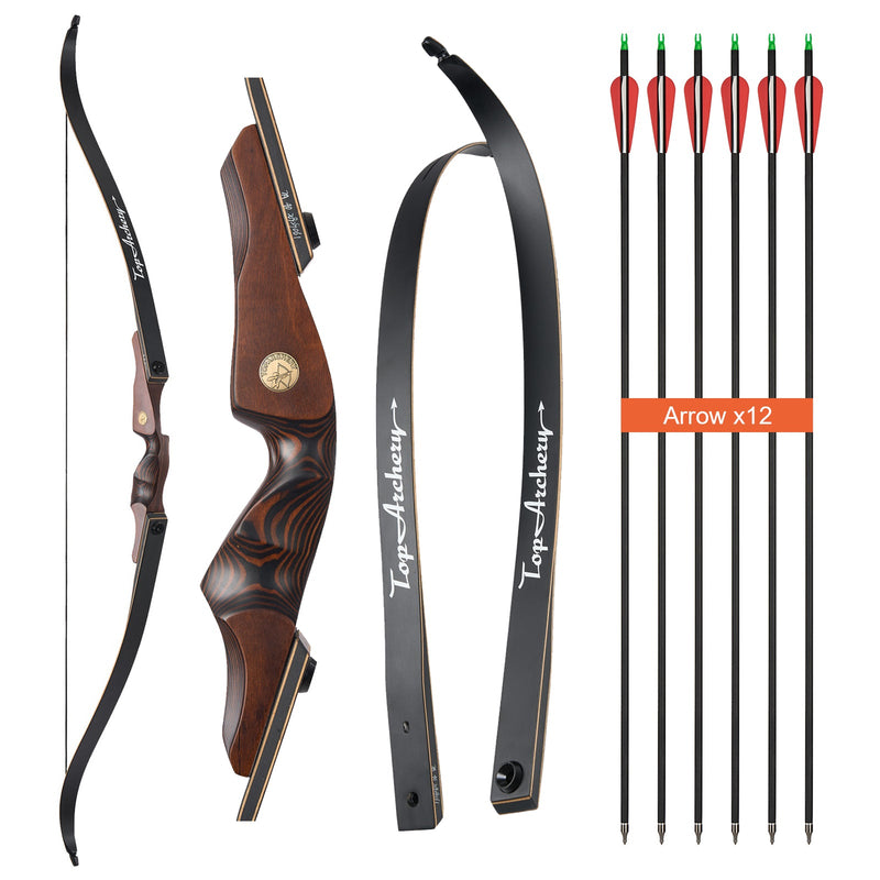 60" Archery Recurve Hunting Bow Wood Laminated Right Hand Bow 30-50lbs with 12pcs Carbon Arrows