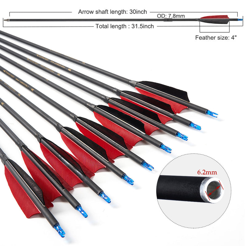 12pcs 30 Archery Feather Fletched Carbon Arrow Spine 500 For